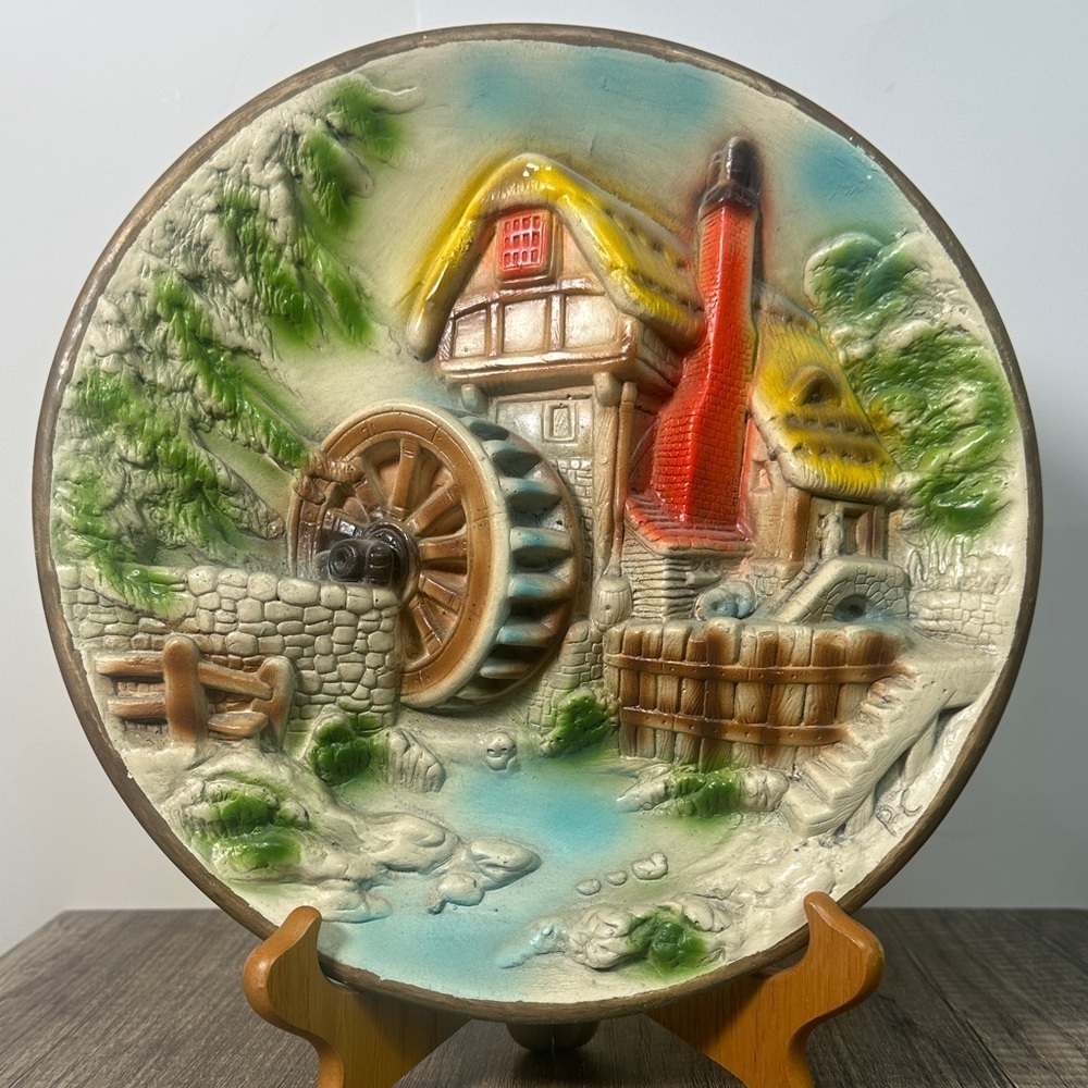 Rustic Watermill Wall Art with Vibrant Colors Chalkware Plate